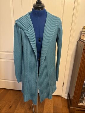 Cyrus Teal Ribbed Hooded Open-Front Cardigan